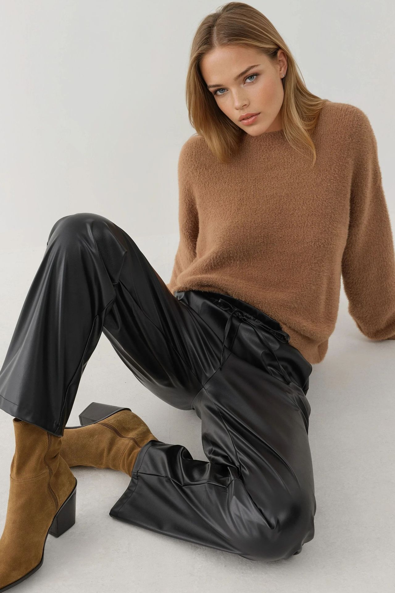 Faux Leather Elastic Waist Straight Leg Pants 3