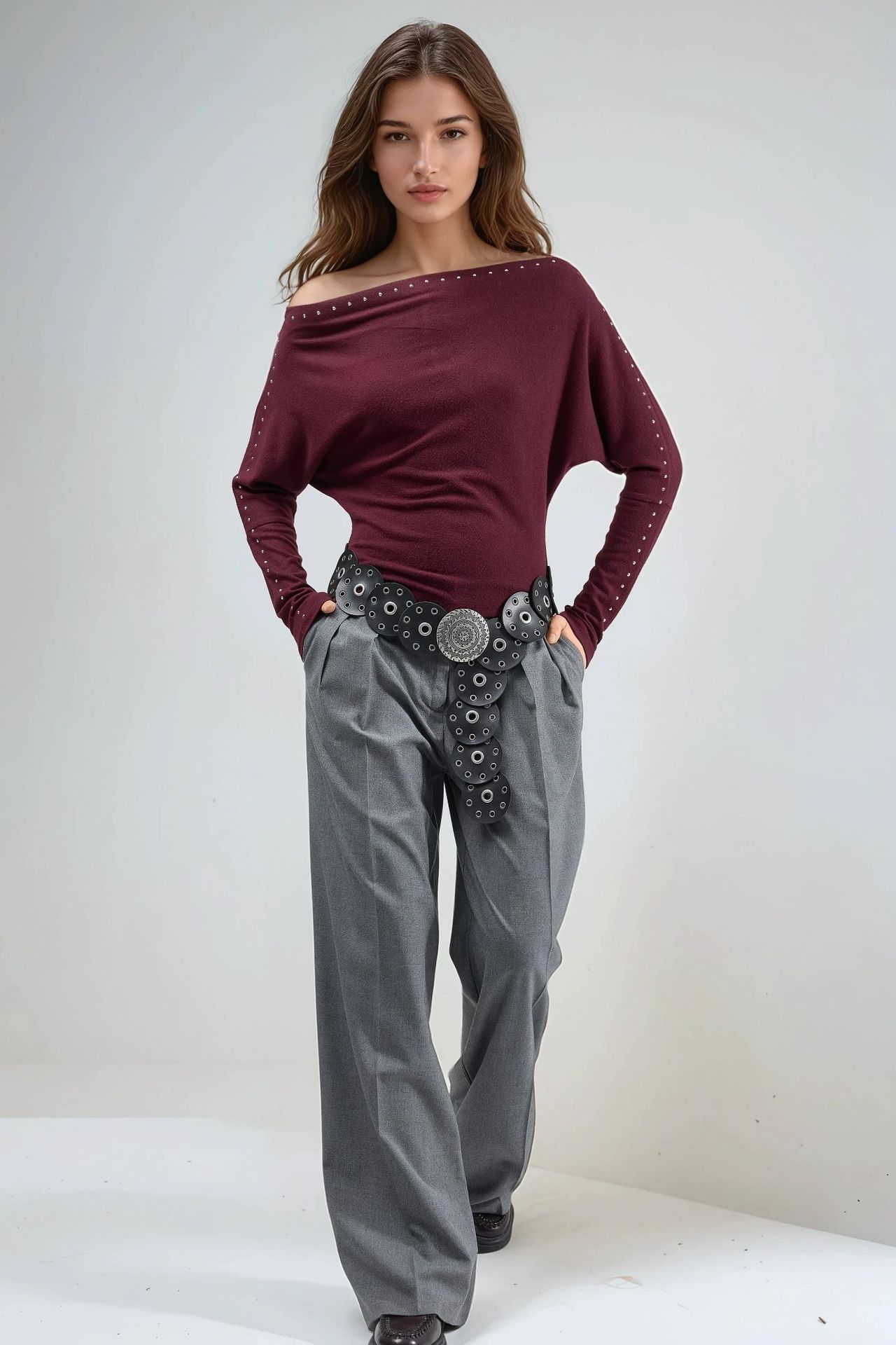 BUSEM Boat Neck Blouse with Stone Accessory 5