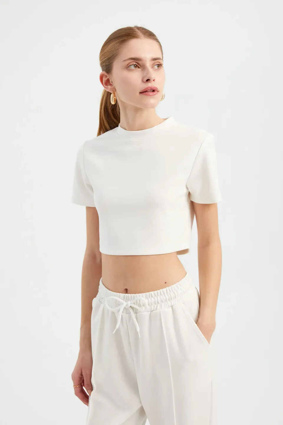 Solid Crew Neck Basic Crop Top