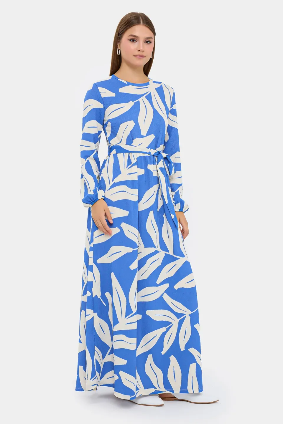 Abstract Print Maxi Dress with Long Sleeves