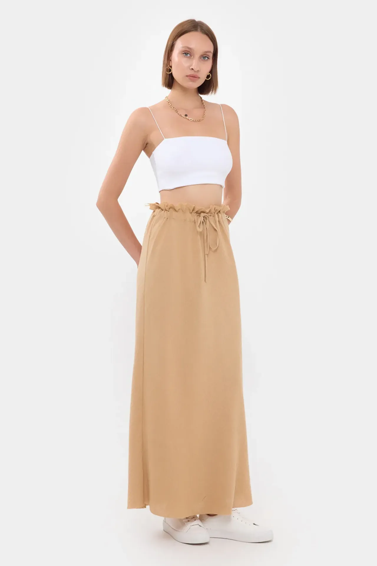 High-Waist Maxi Skirt with Drawstring and Waist Detail