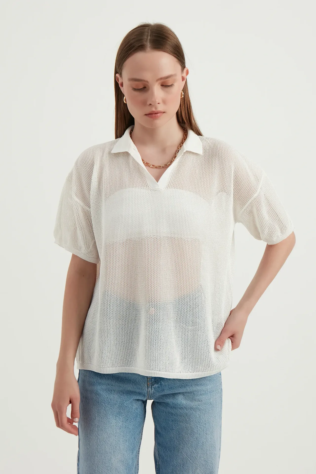 Polo Collar Mesh Textured Short Sleeve