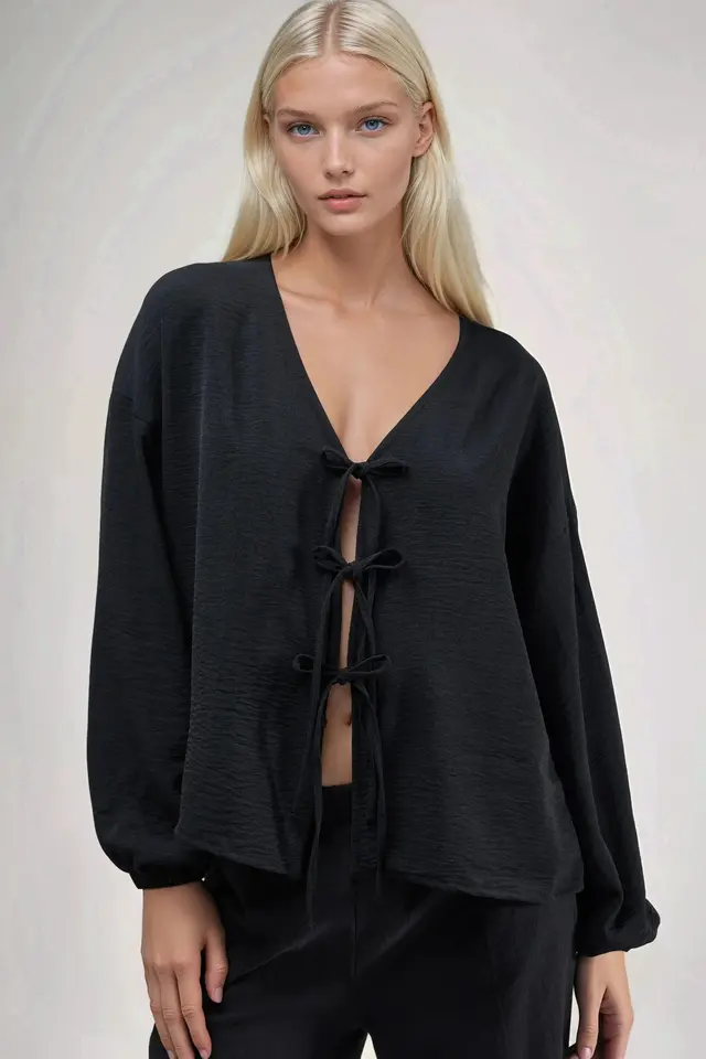 Oversized V-Neck Tie Closure Blouse