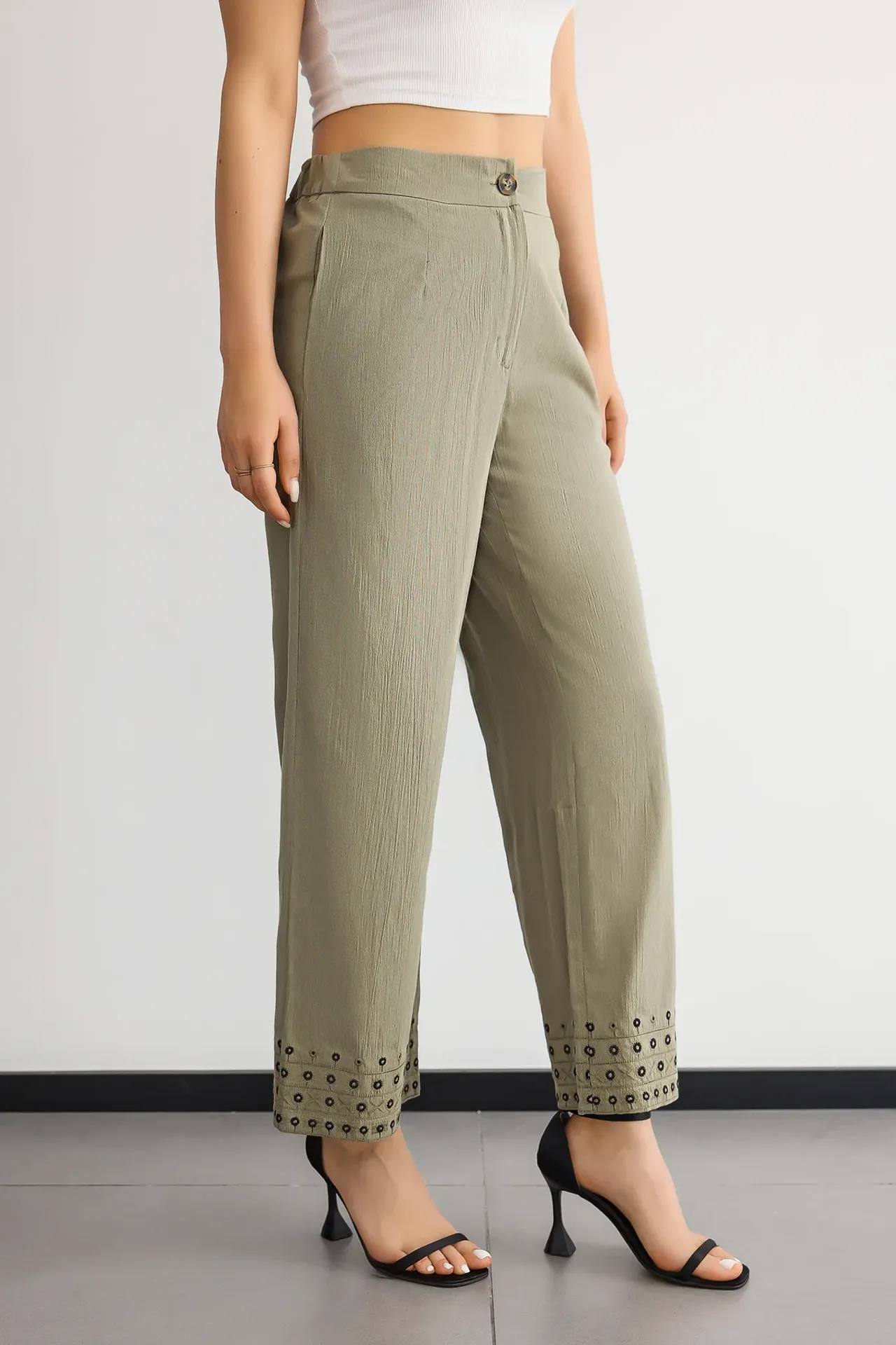 High-Waist Straight-Leg Trousers with Boho Details