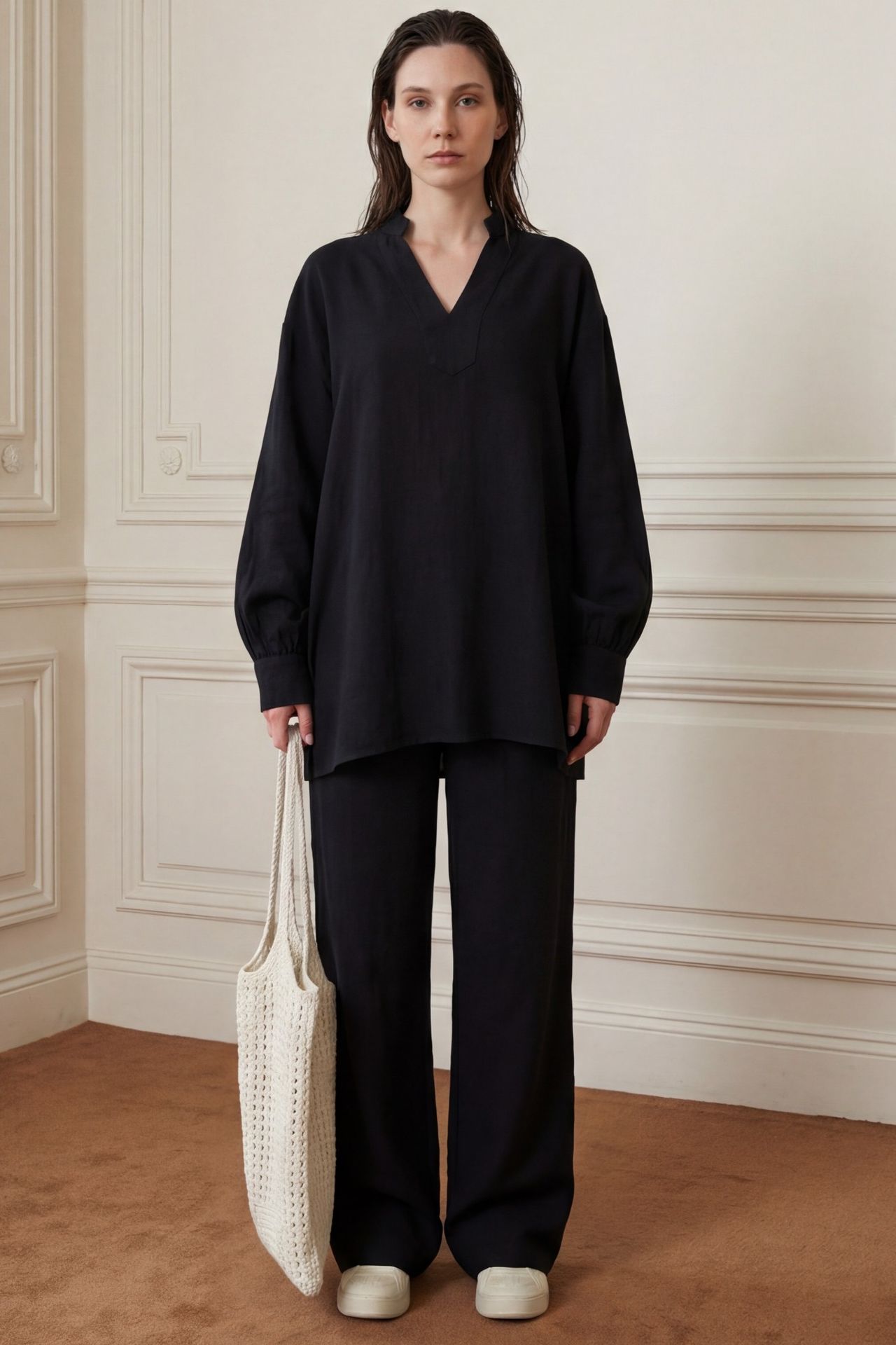 MY FASHION V-Neck Blouse & Wide Leg Pants Muslin Two-Piece Set 7