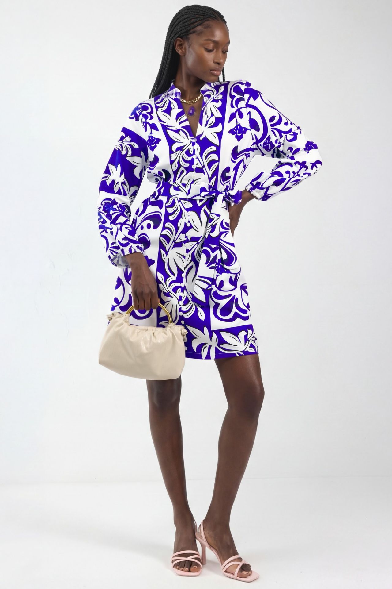 MSN Floral V-Neck Mini Shirt Dress with Belt 1
