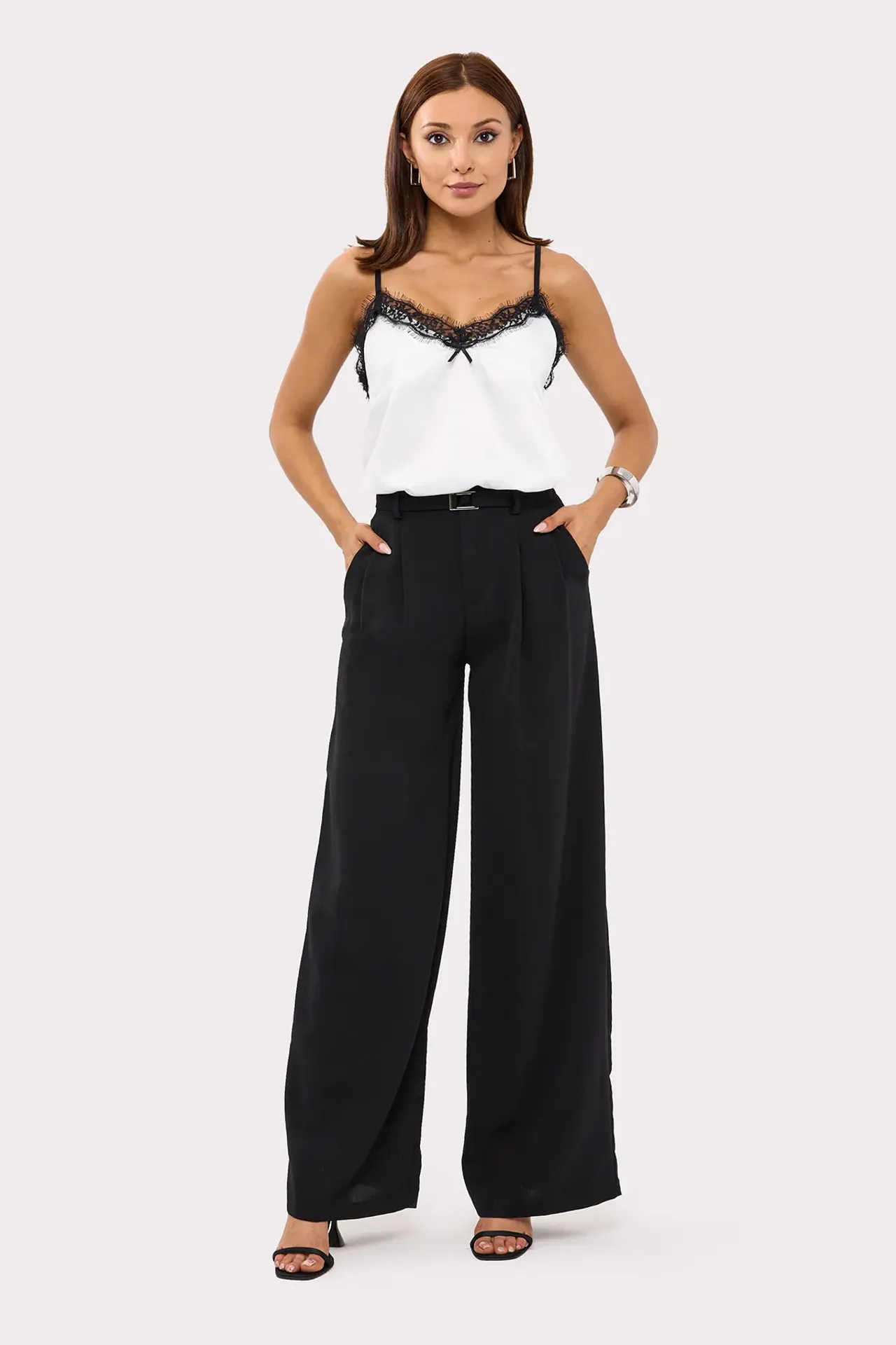 Woven Spaghetti Strap Top with Lace Detail