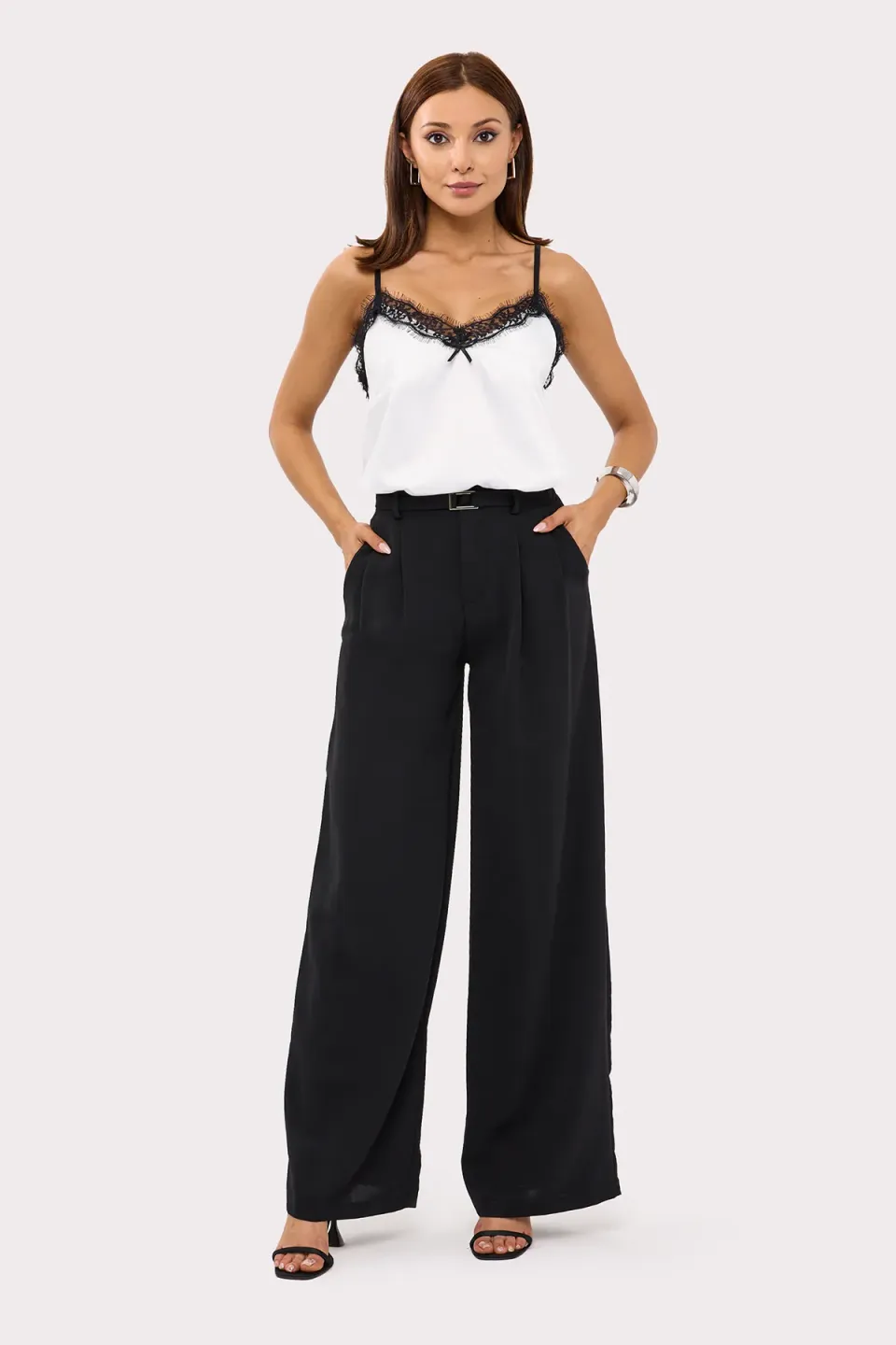 Woven Spaghetti Strap Top with Lace Detail