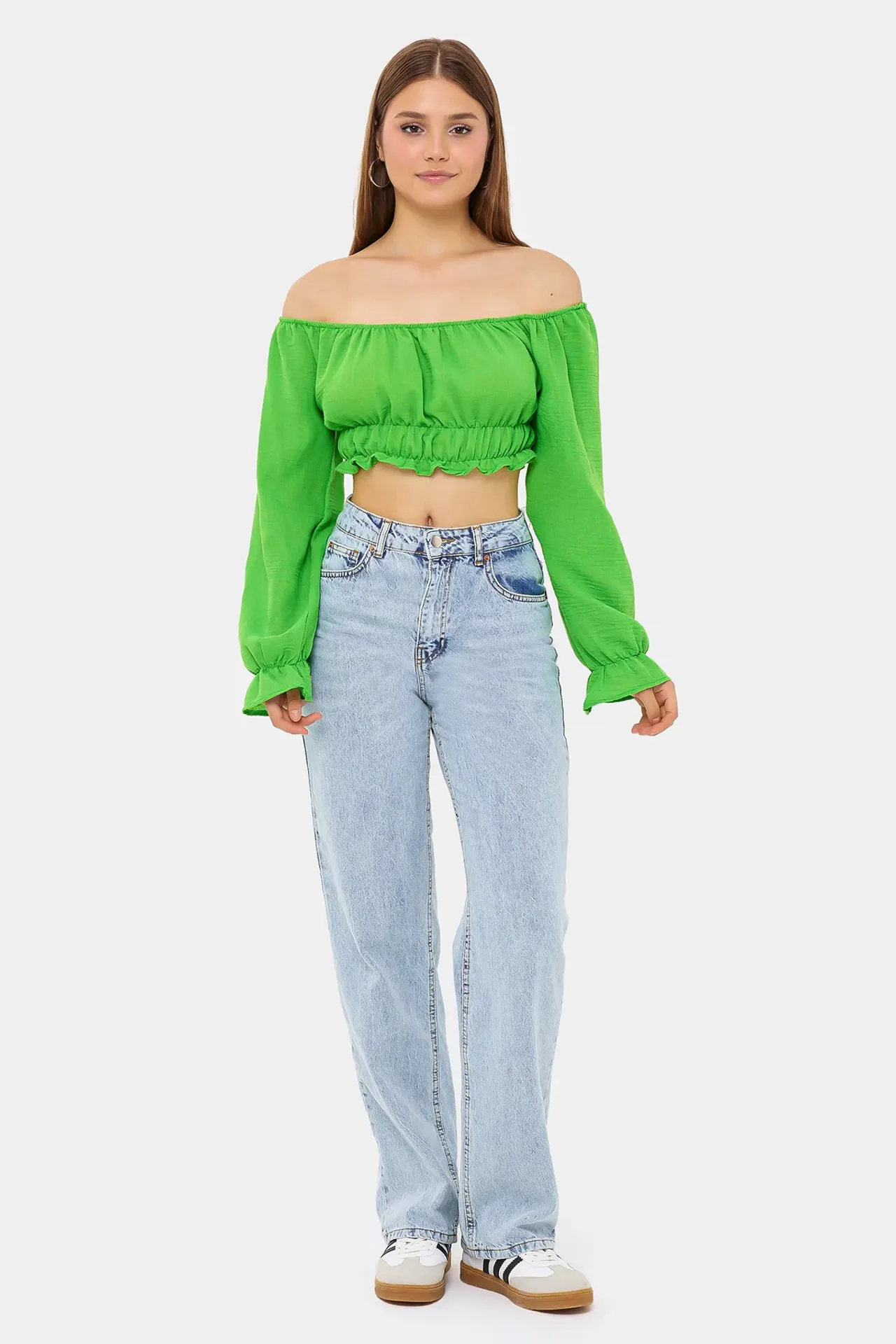 Off-Shoulder Linen Cropped Top with Long Sleeves and Ruffle Detail