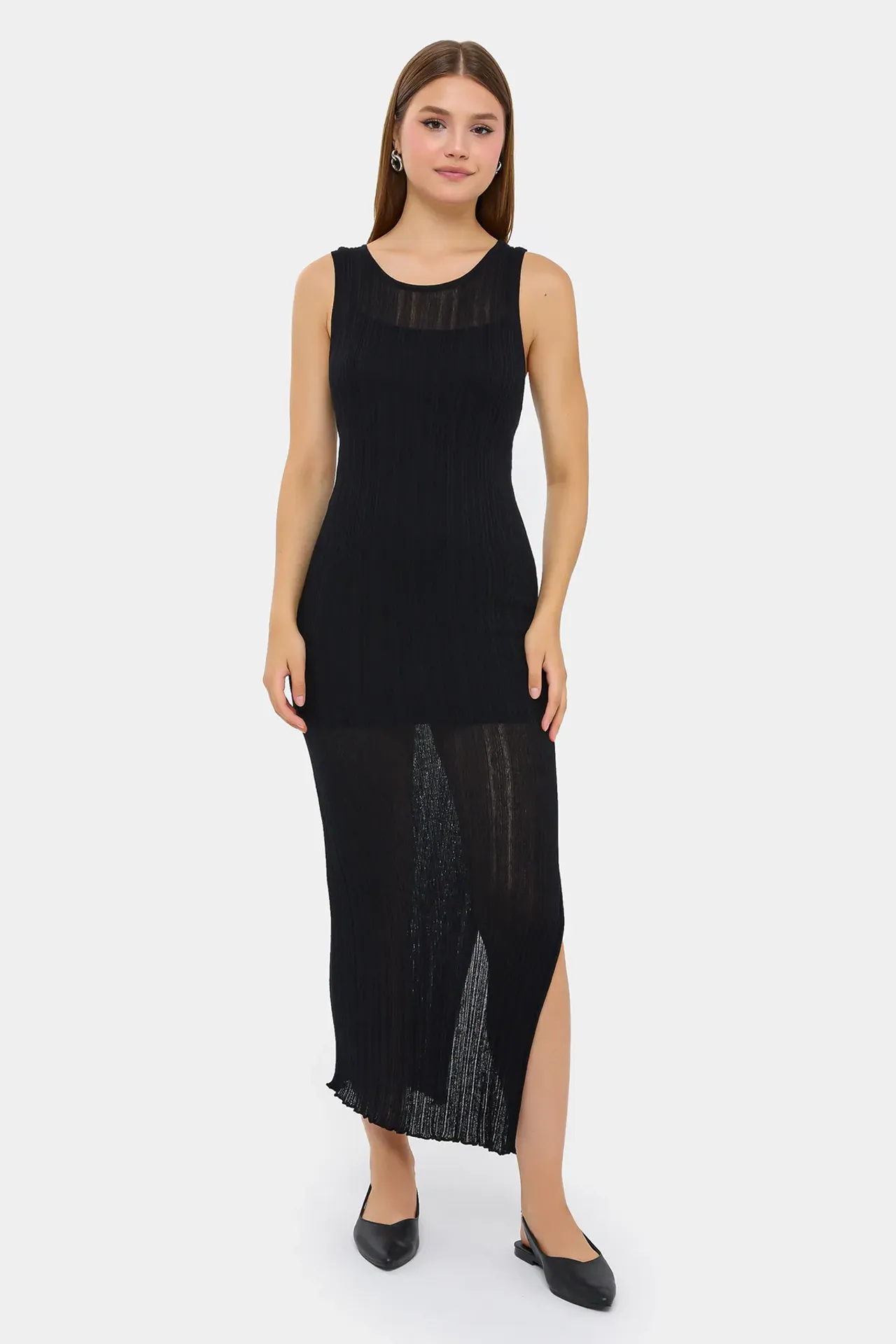 Sleeveless Knitted Textured Midi Dress with Side-Slit