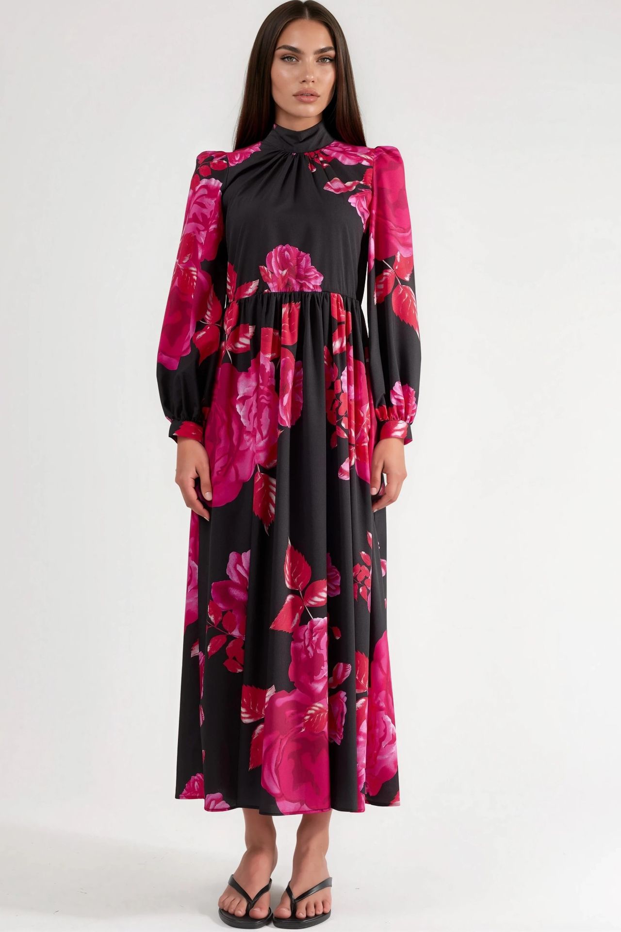 MSN Floral Belted Maxi Dress with Half Turtleneck 8