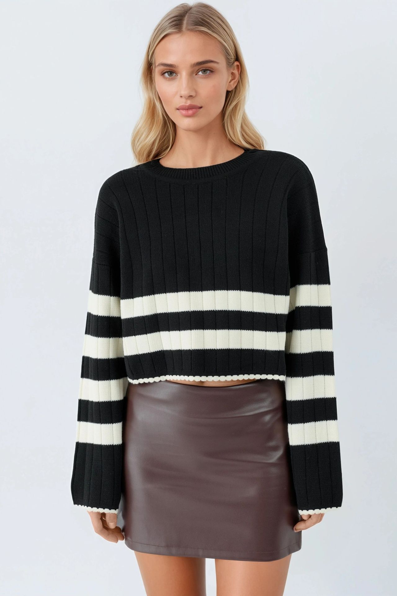 MY FASHION Striped Ribbed Knit Sweater with Crew Neck 6