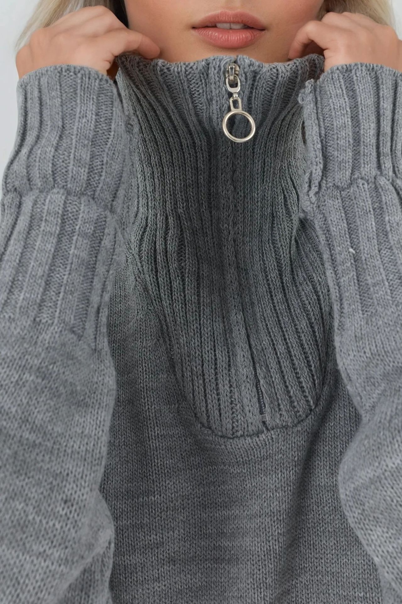 MY FASHION Oversized Ribbed Knit Sweater with Zipper Collar 4