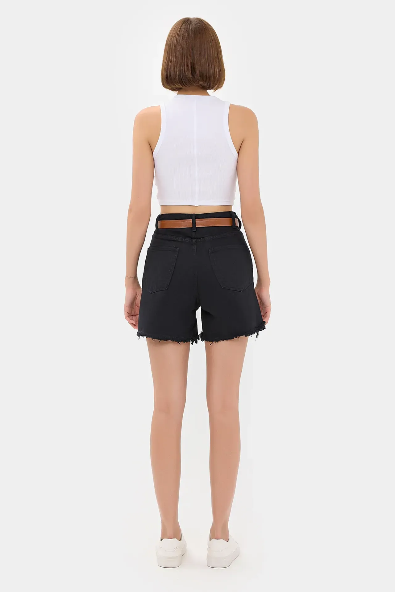 Mid Rise Raw Hem Shorts with a Belt