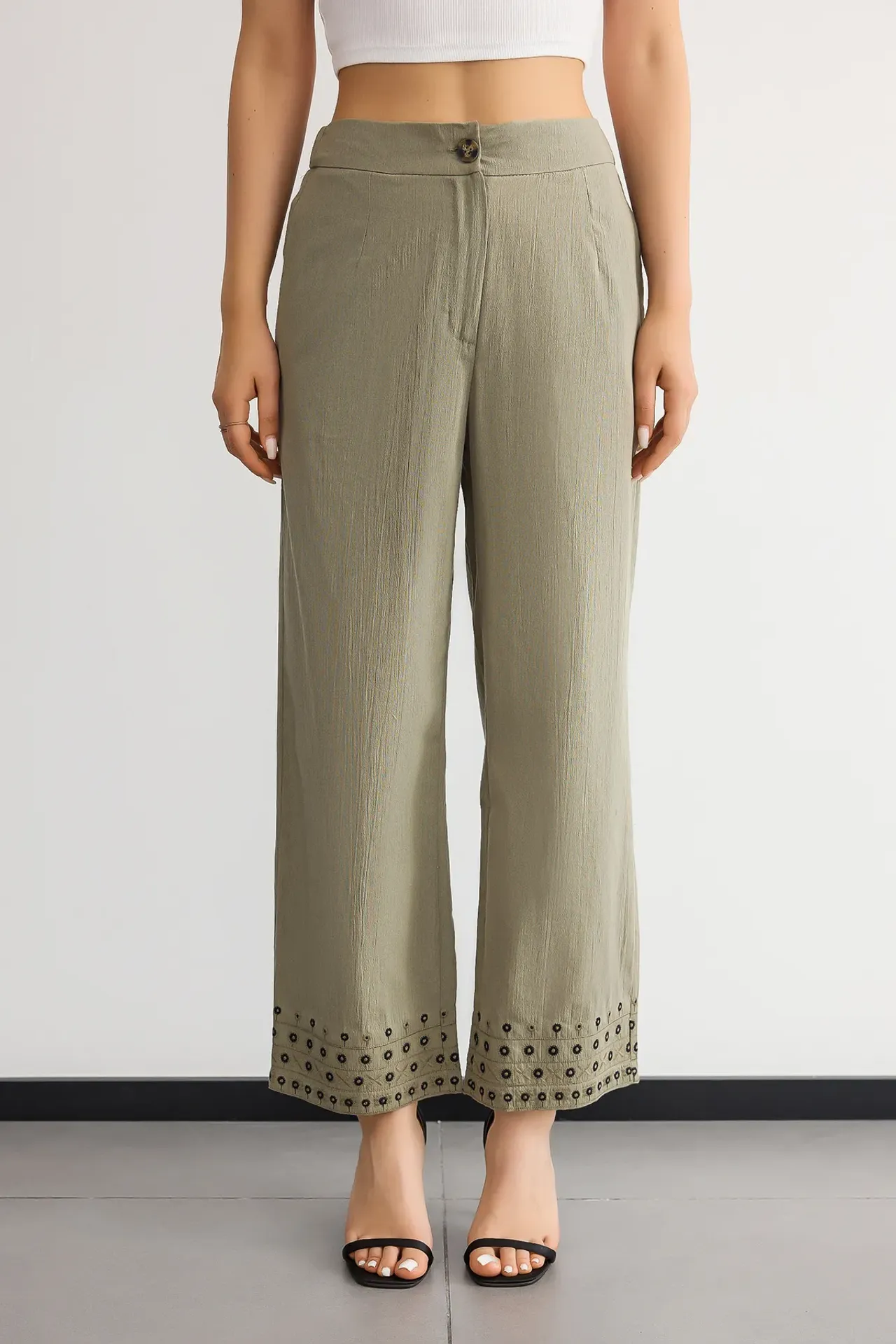 High-Waist Straight-Leg Trousers with Boho Details