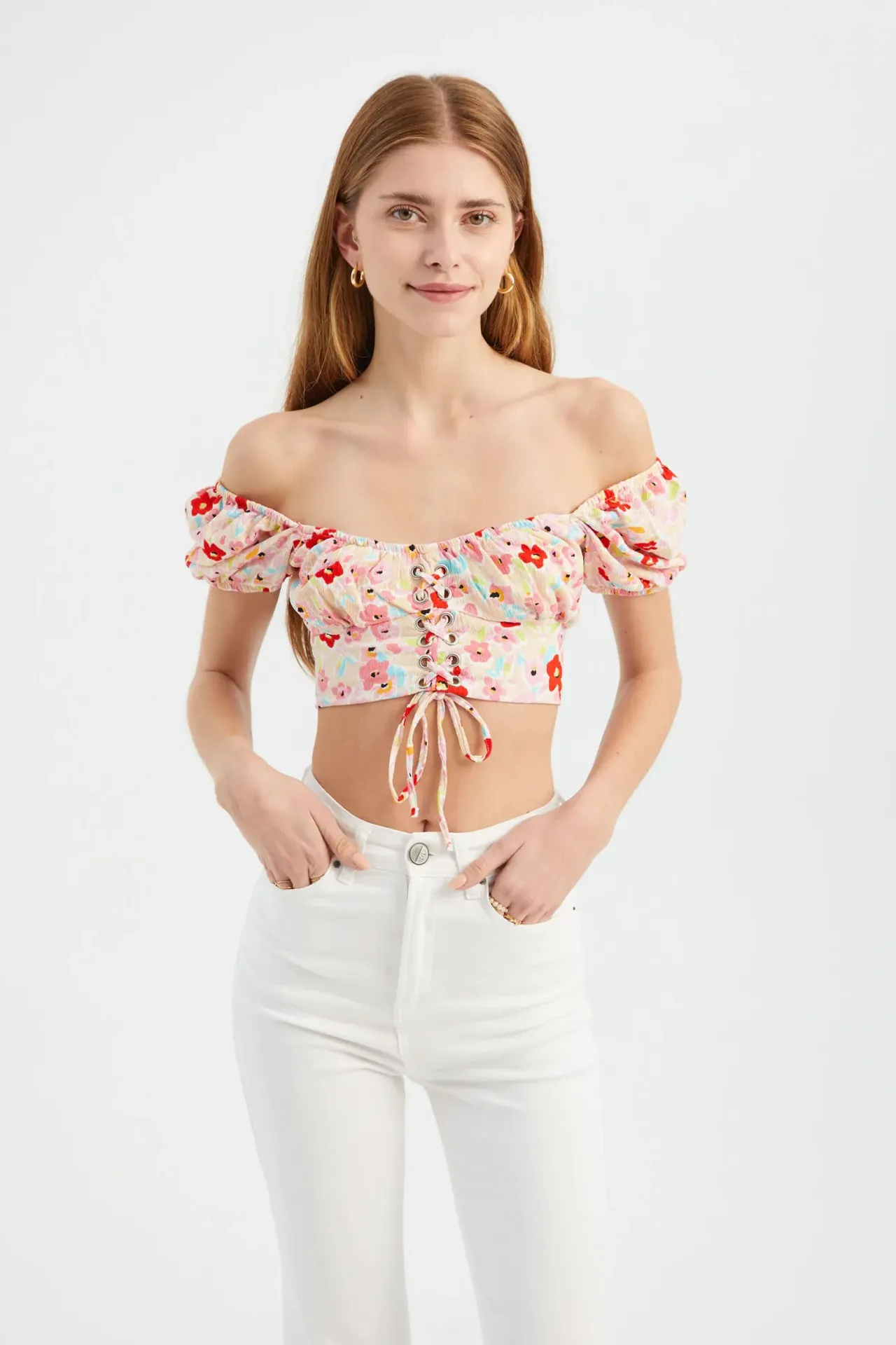 Floral Sweetheart Neck Crop Top with a Puff Sleeve