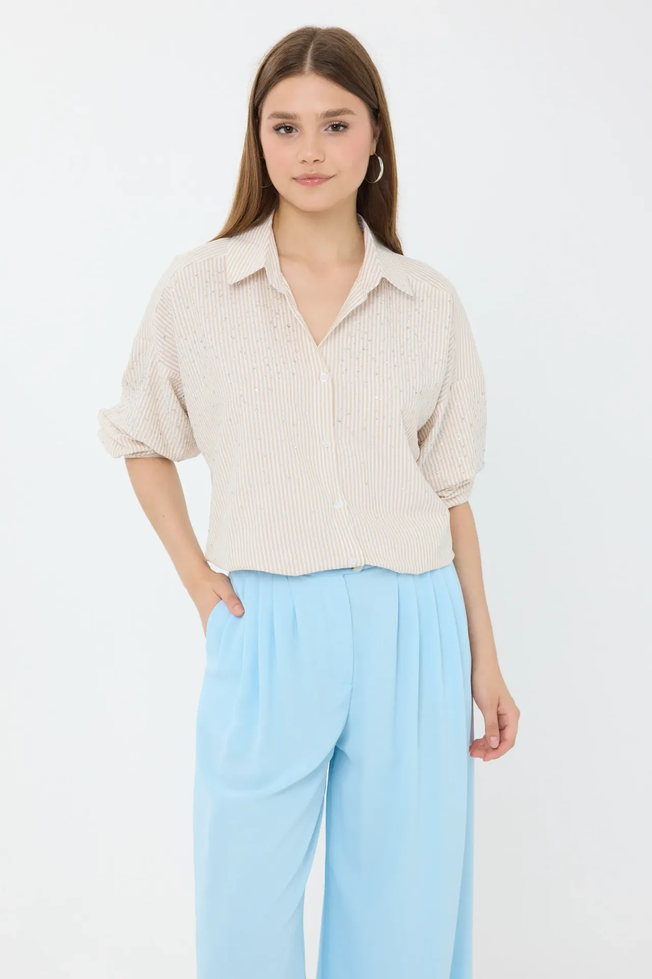 Relaxed Long-Sleeve Shirt with Stone Embellishments