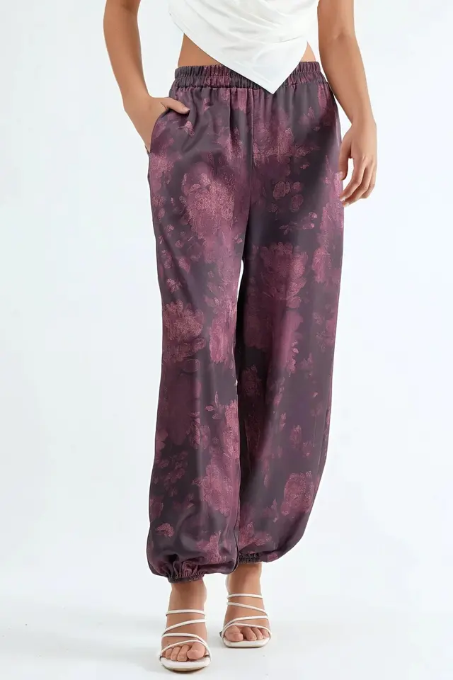 QU STYLE Patterned Baggy Fit Elastic Leg Pants with Pockets
