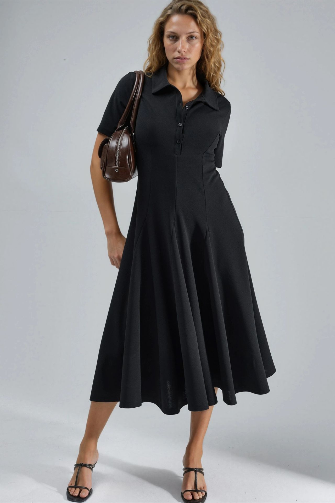BUSEM Midi A-Line Dress with Shirt Collar