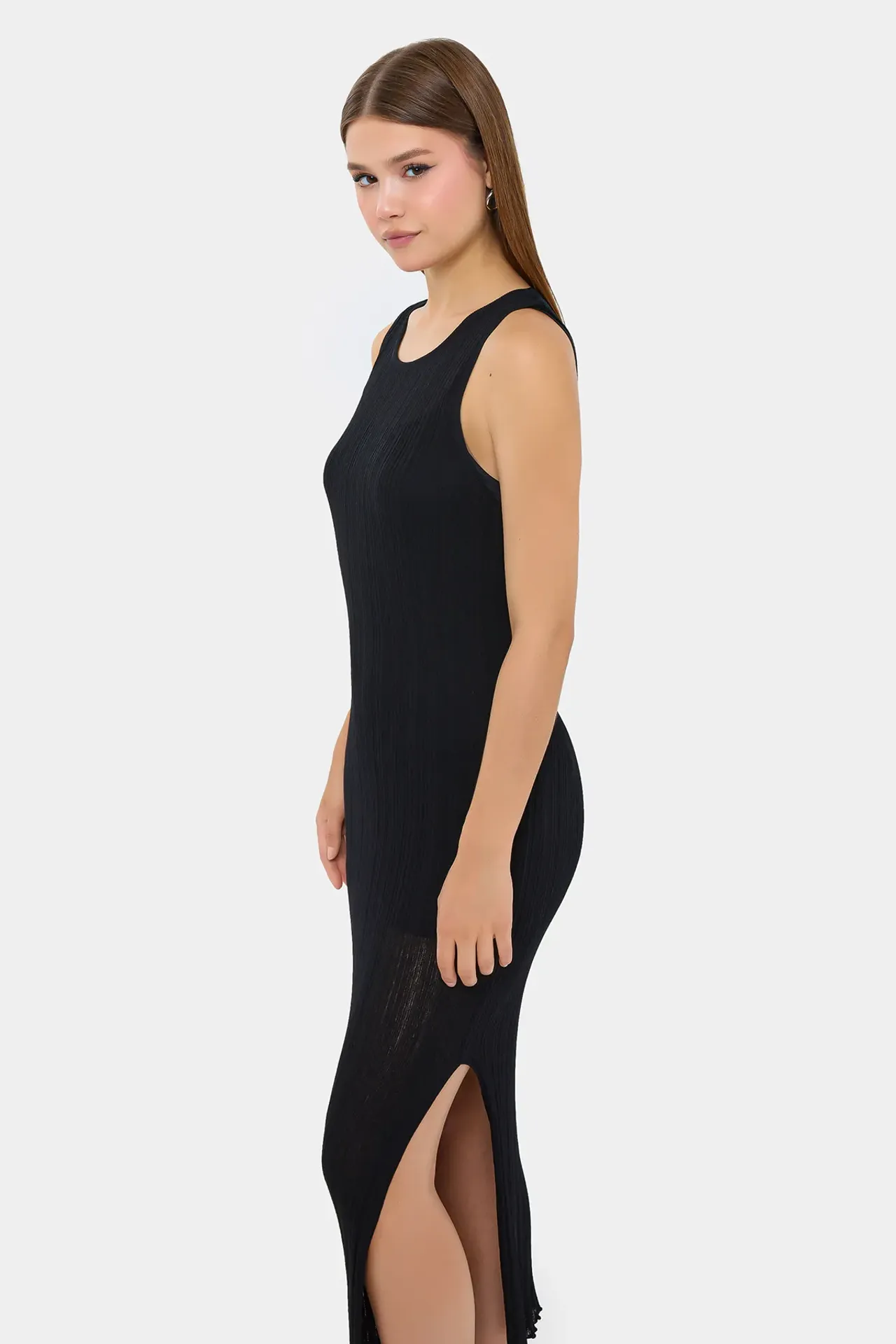 Sleeveless Knitted Textured Midi Dress with Side-Slit