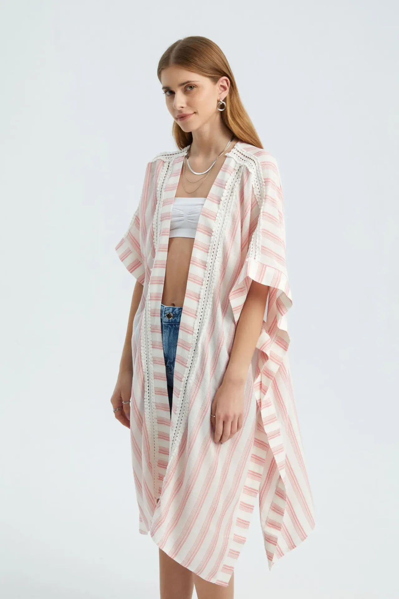 Striped Short Kimono with a Side Slit