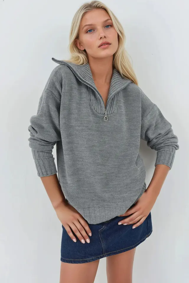 MY FASHION Oversized Ribbed Knit Sweater with Zipper Collar