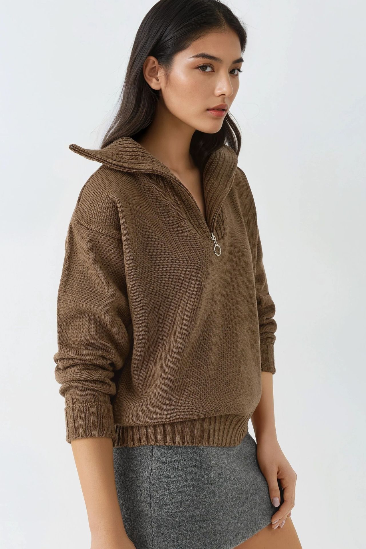 MY FASHION Oversized Ribbed Knit Sweater with Zipper Collar 2
