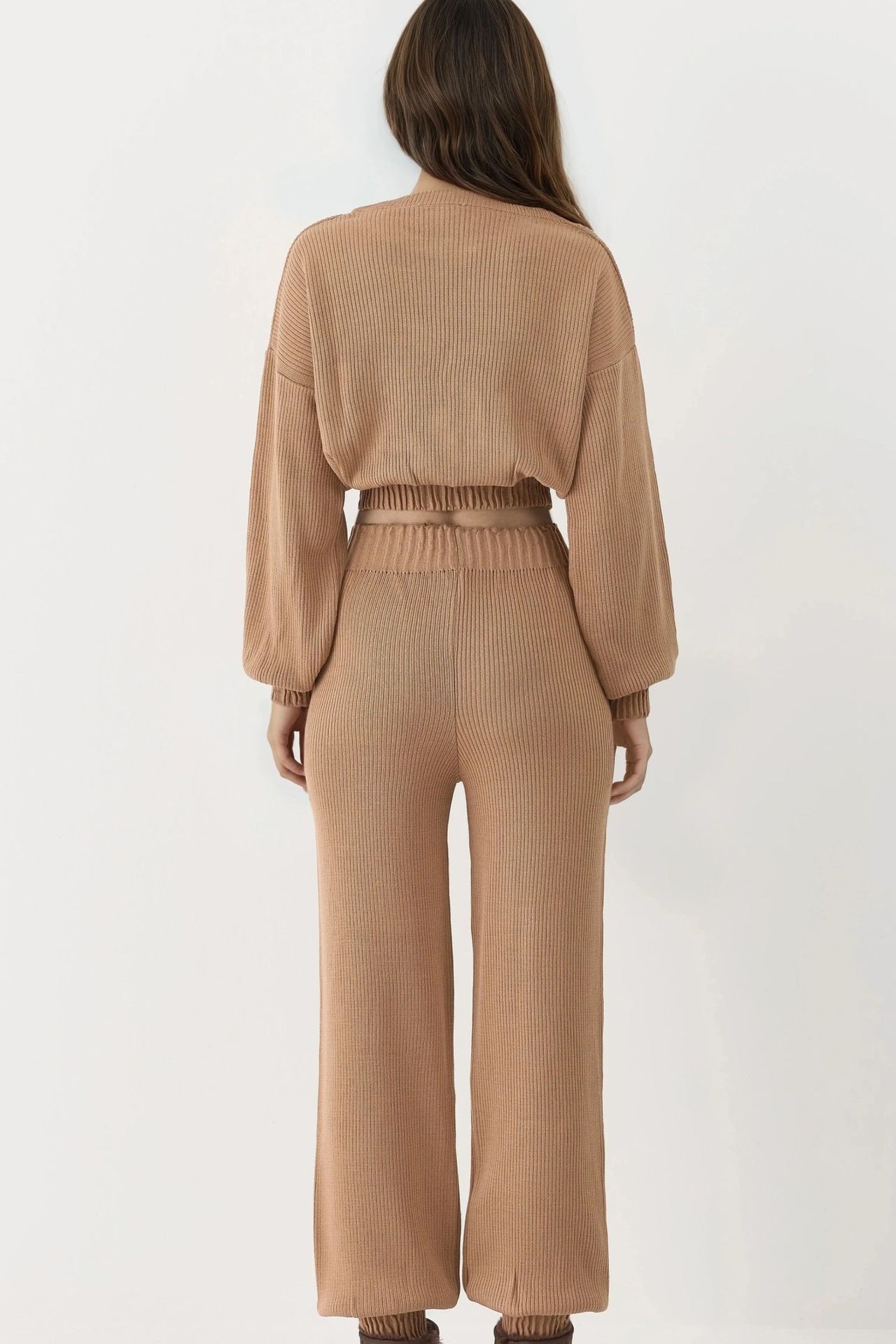 MY FASHION Ribbed Cropped Crew Neck Sweater & Elastic Cuff Pants Knit Co-Ord Set 3