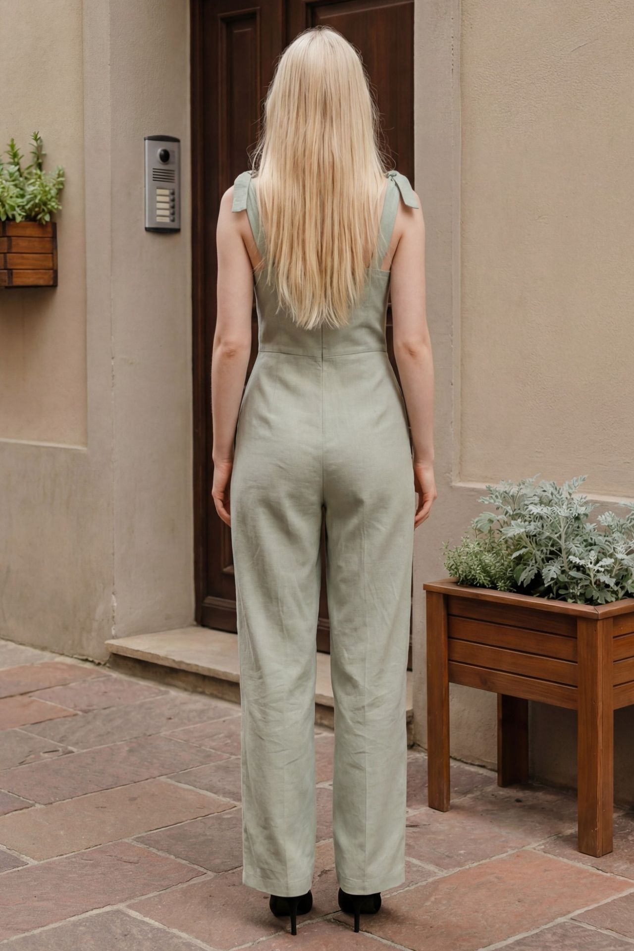 MY FASHION Sweetheart Neck Linen Blend Jumpsuit