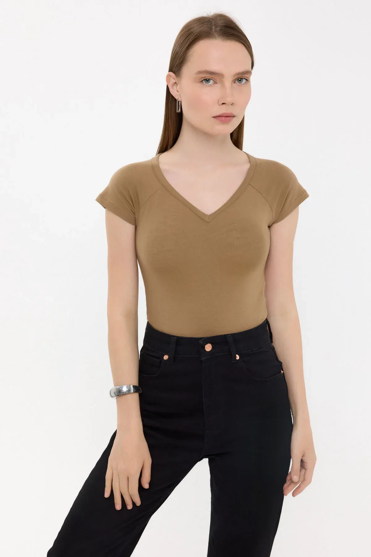 Basic Cap-Sleeve V-Neck T-Shirt 1