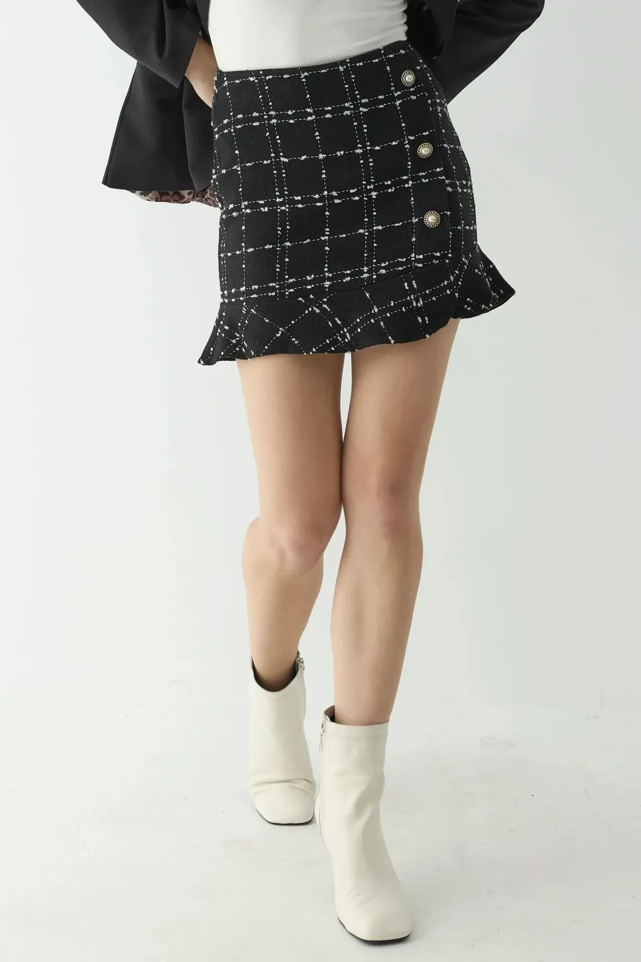Ruffled Tweed Mini Skirt with Button Detail