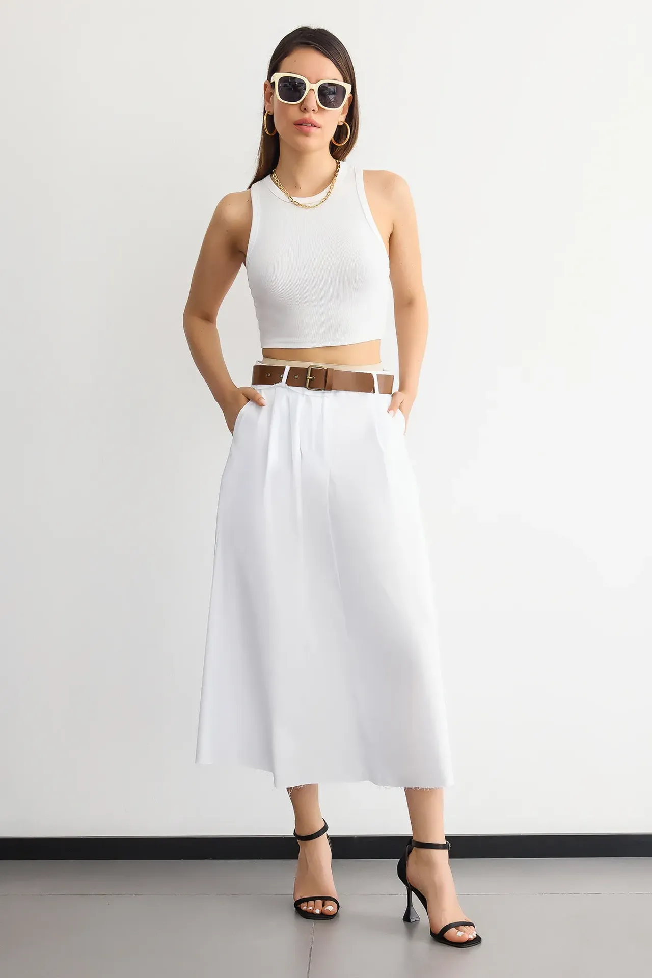 Belt-Detailed High-Waist Cotton Midi Skirt