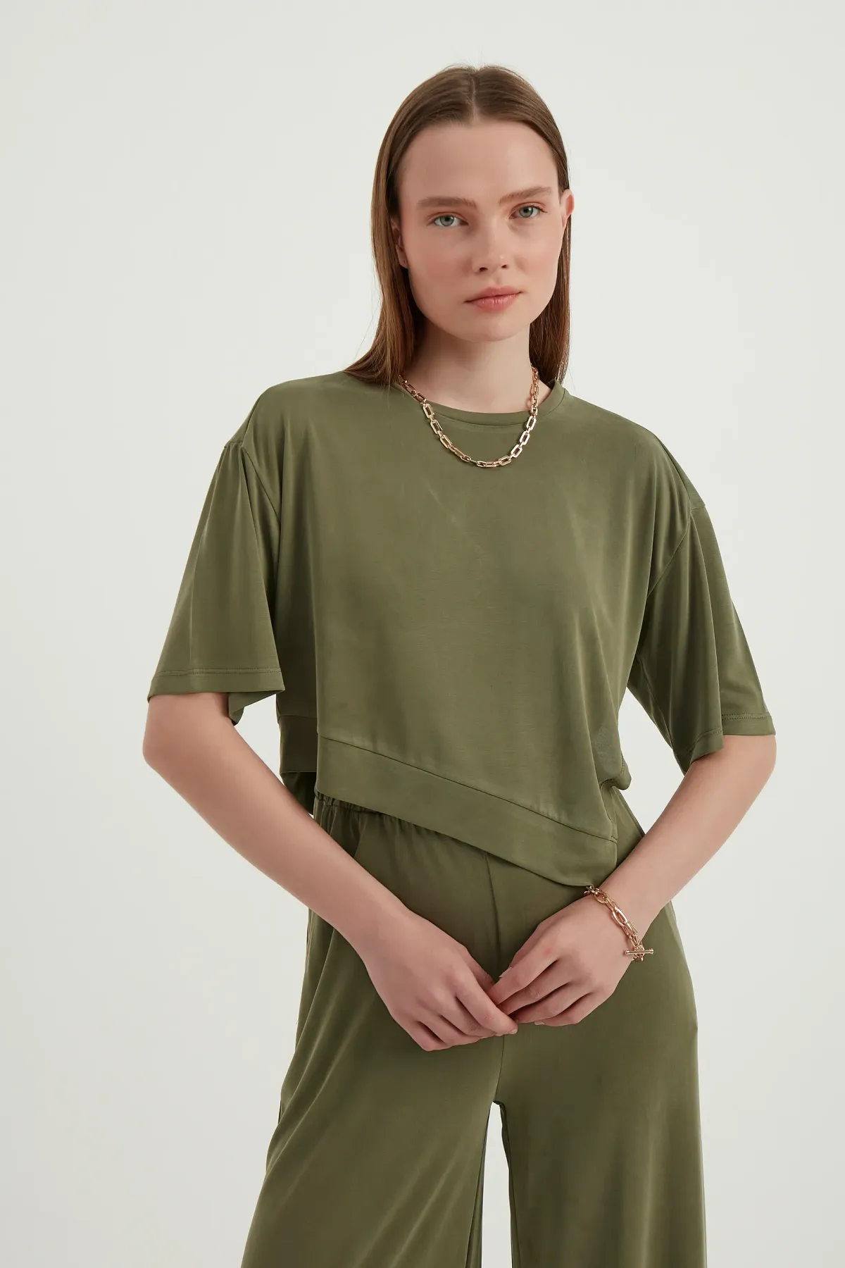 Round Neck Asymmetrical Crop Top & High Waist Relaxed Fit Trousers 2