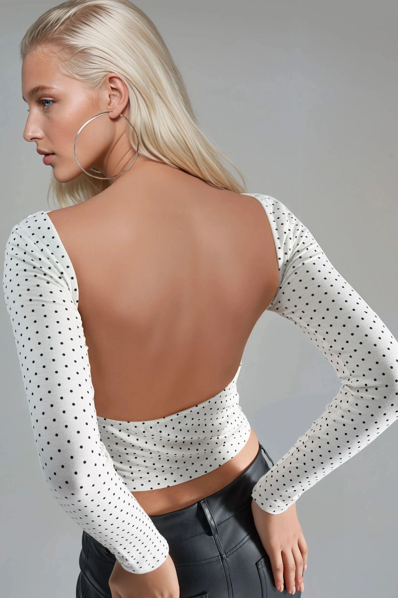 BUSEM Polka Dot Slim Fit Crop Blouse with Back Detail 1