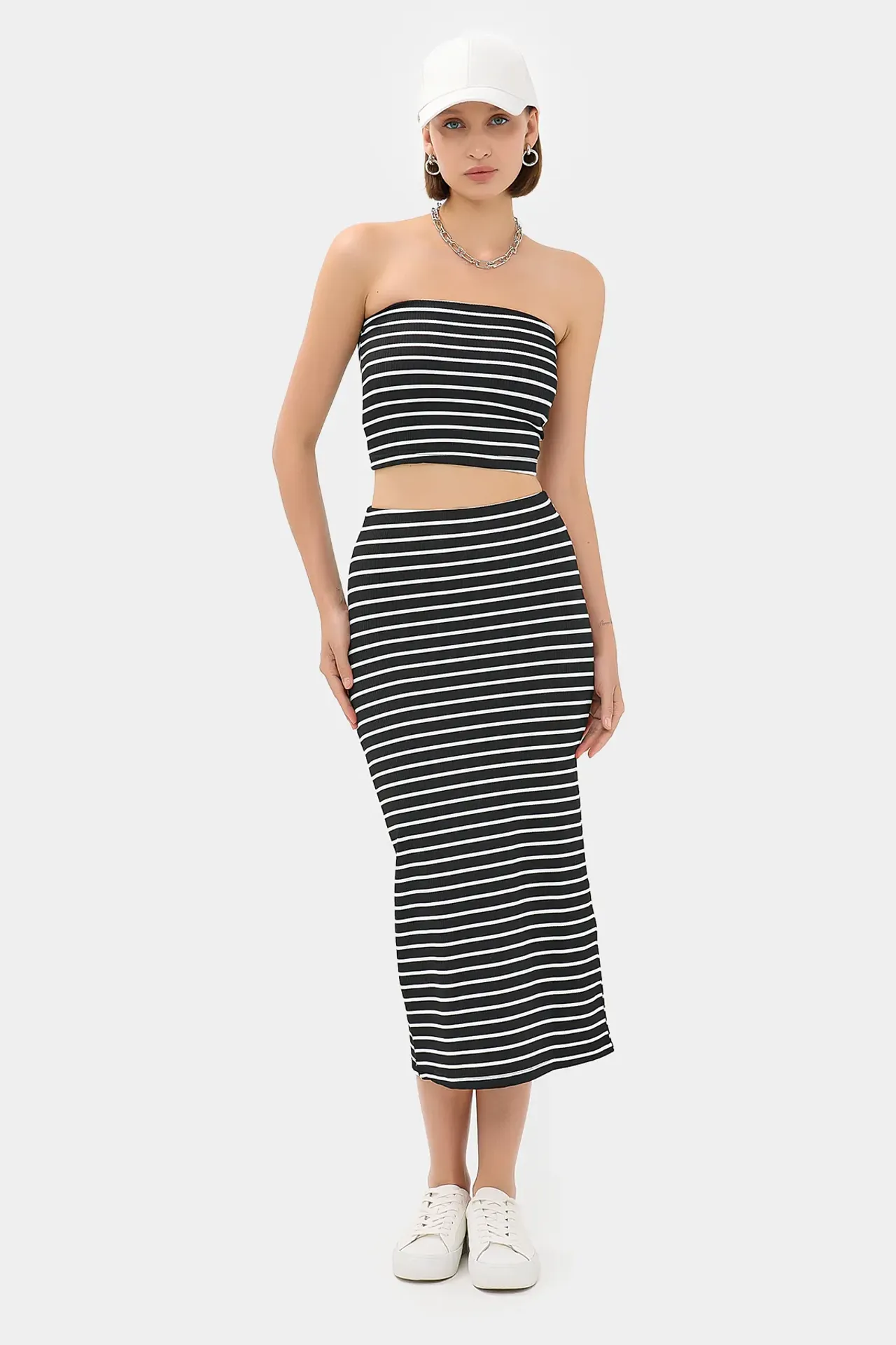 2 Pieces: Striped Strapless Crop top & Striped Mid Rise Midi Skirt