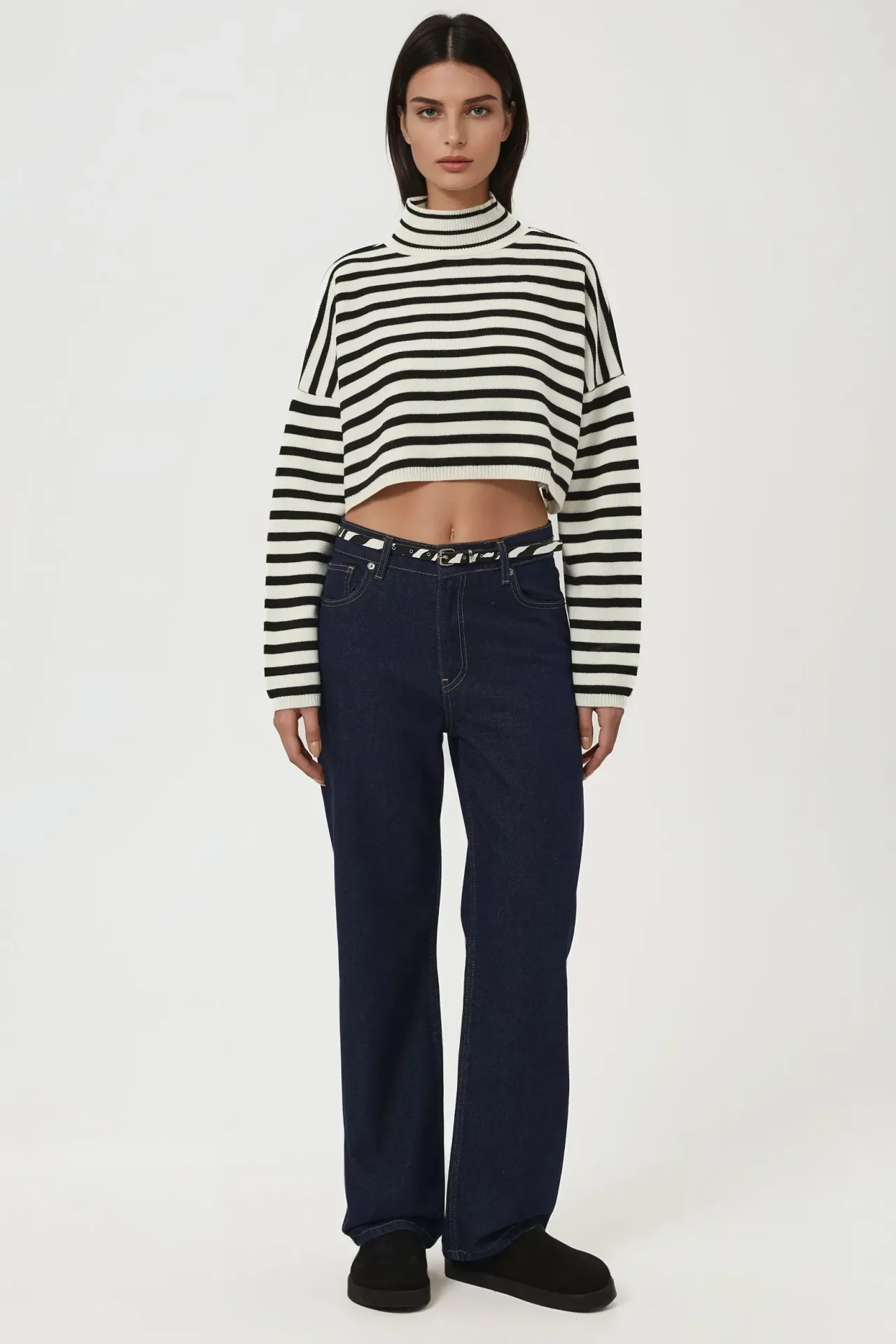 Striped Cropped Oversized Turtleneck Sweater 2
