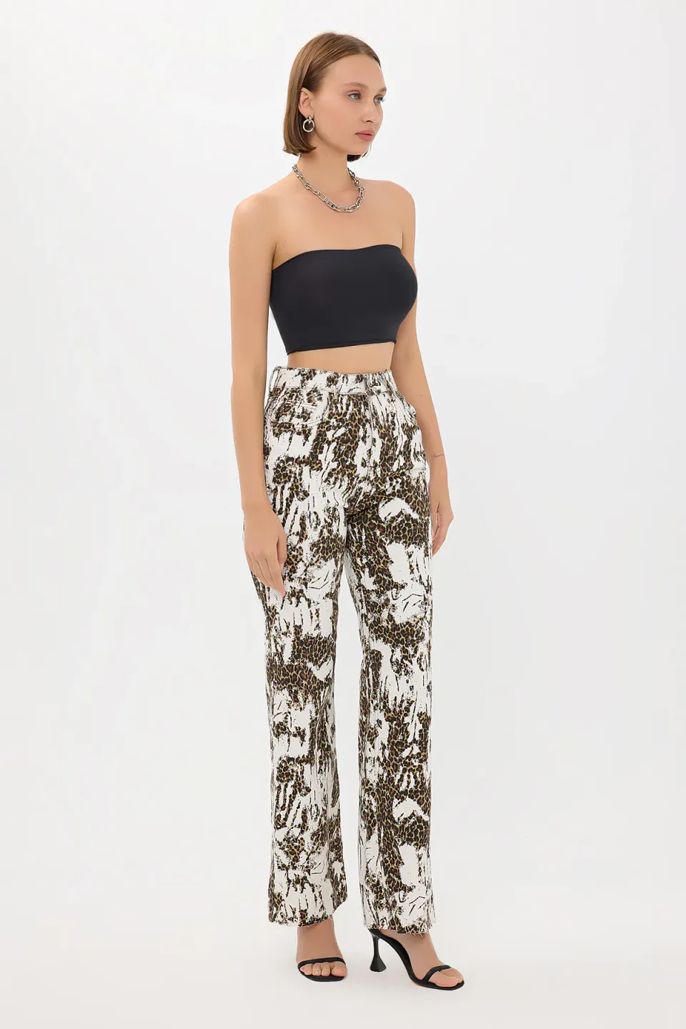 High-Waist Flare Denim Jeans with Animal Print