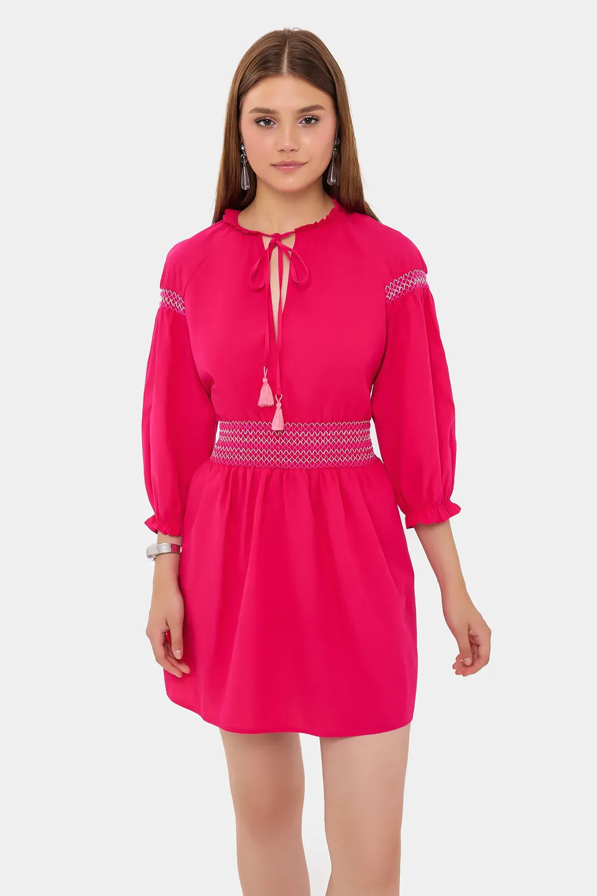 Round Neck Drawstring Mini Boho Dress with a Balloon Sleeves 3