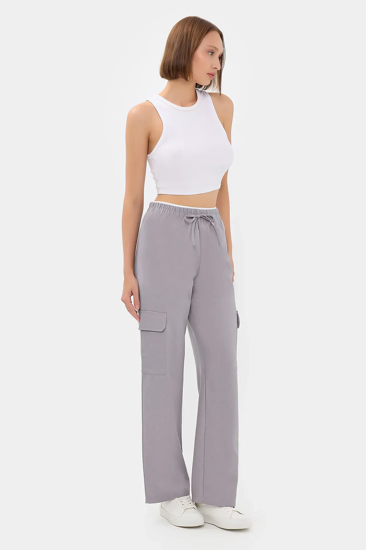 High-Waist Straight-Leg Trousers with Elastic Waistband and Belt Detail