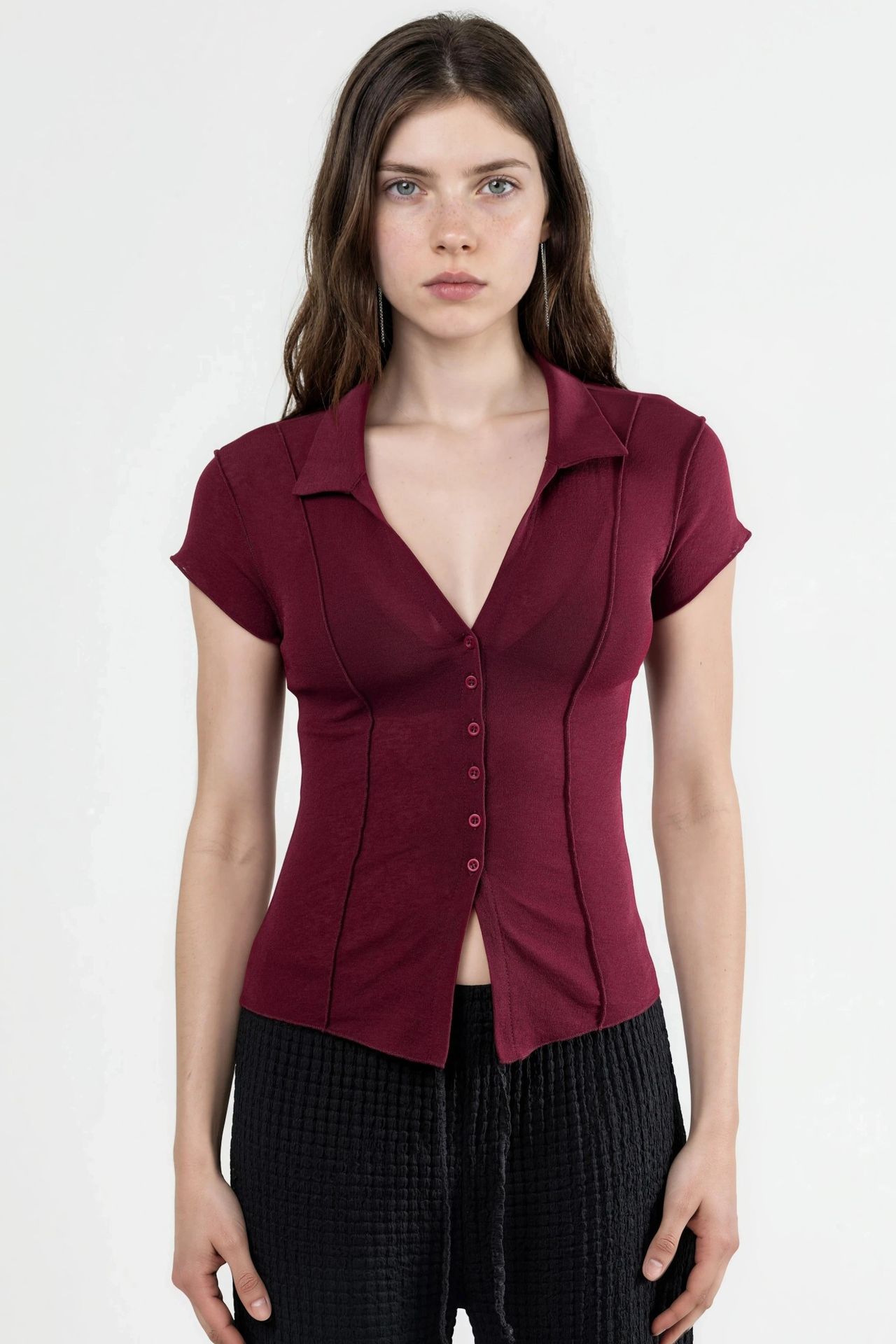 BUSEM Textured Knitted Short Sleeve Shirt with Buttons 7