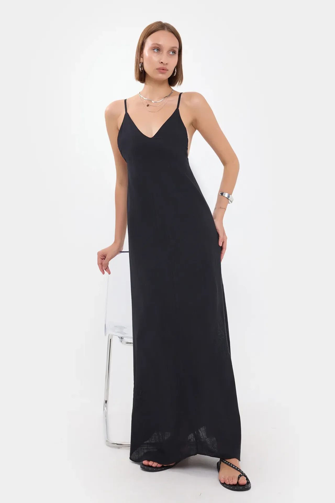 Sleeveless V-Neck Maxi Dress with Flower Detail