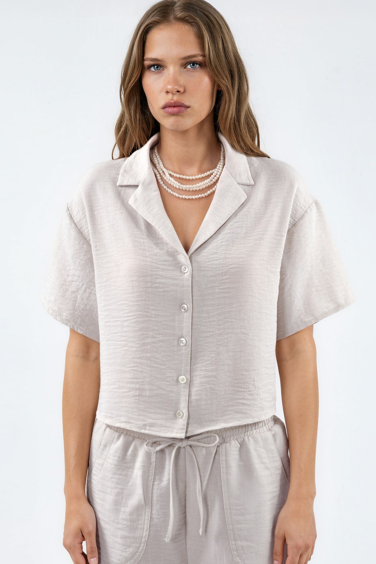 BUSEM Textured Crop Shirt with Button Closure 5