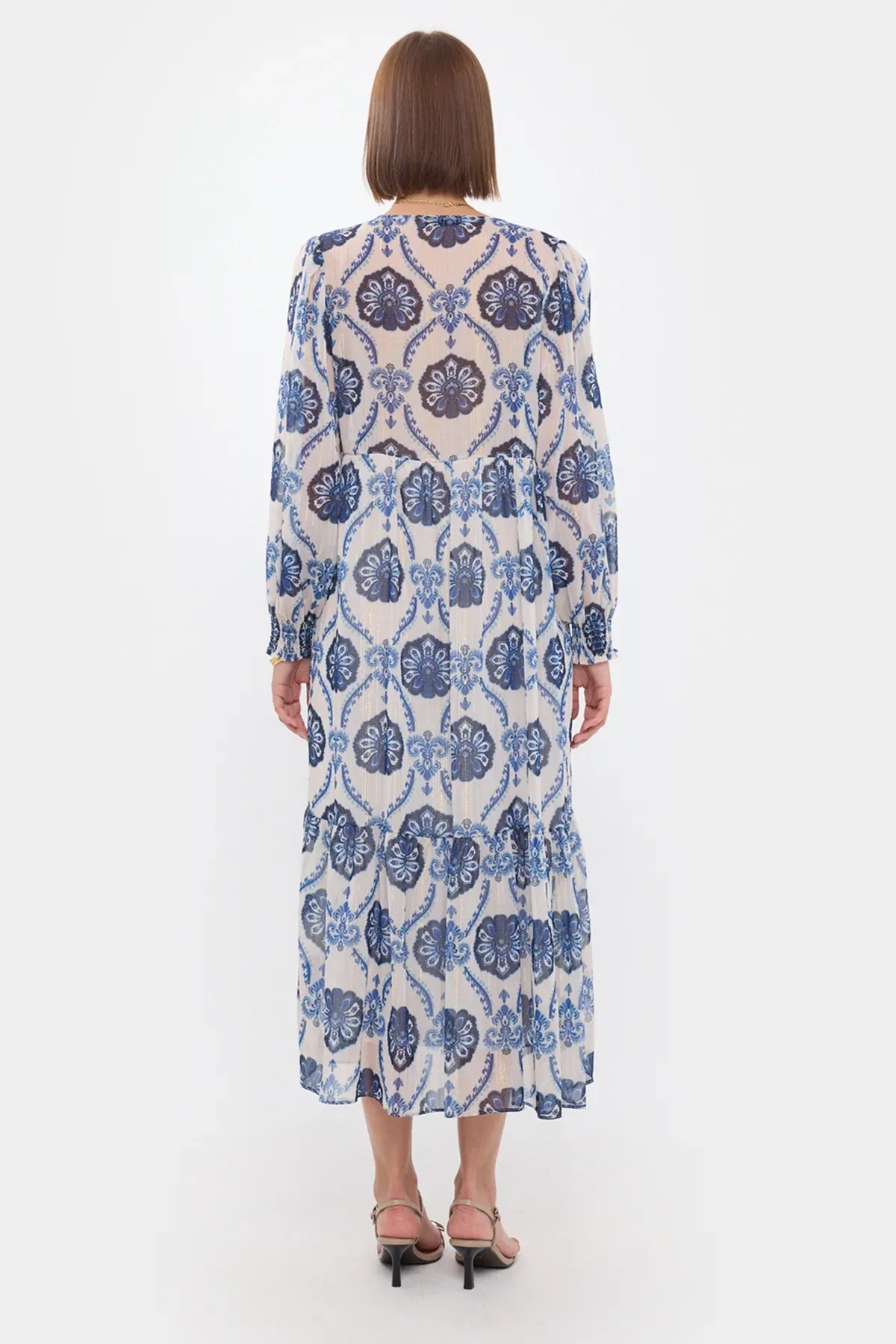 Abstract V Neck Buttoned Tiered Maxi Dress 5