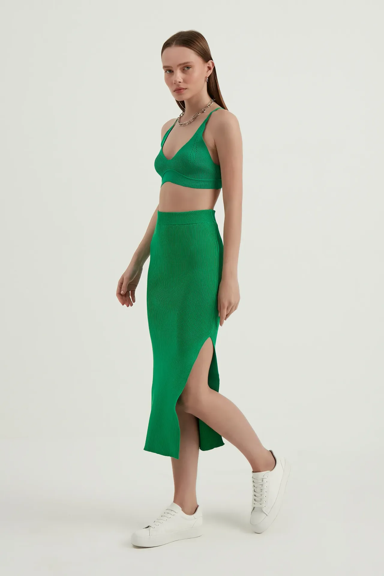 2 Pieces: V Neck Bodycon Crop Top & High Waist Maxi with a Side Slit