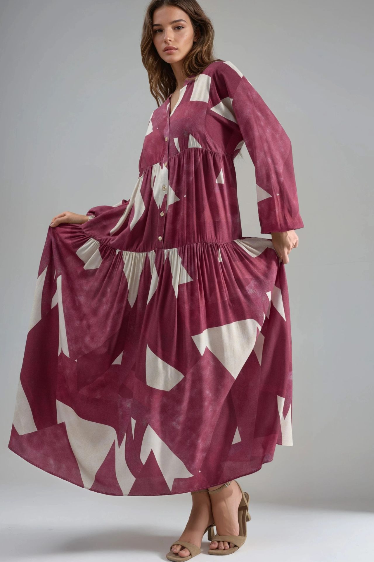 Printed Long Sleeve Viscose Maxi Dress  1