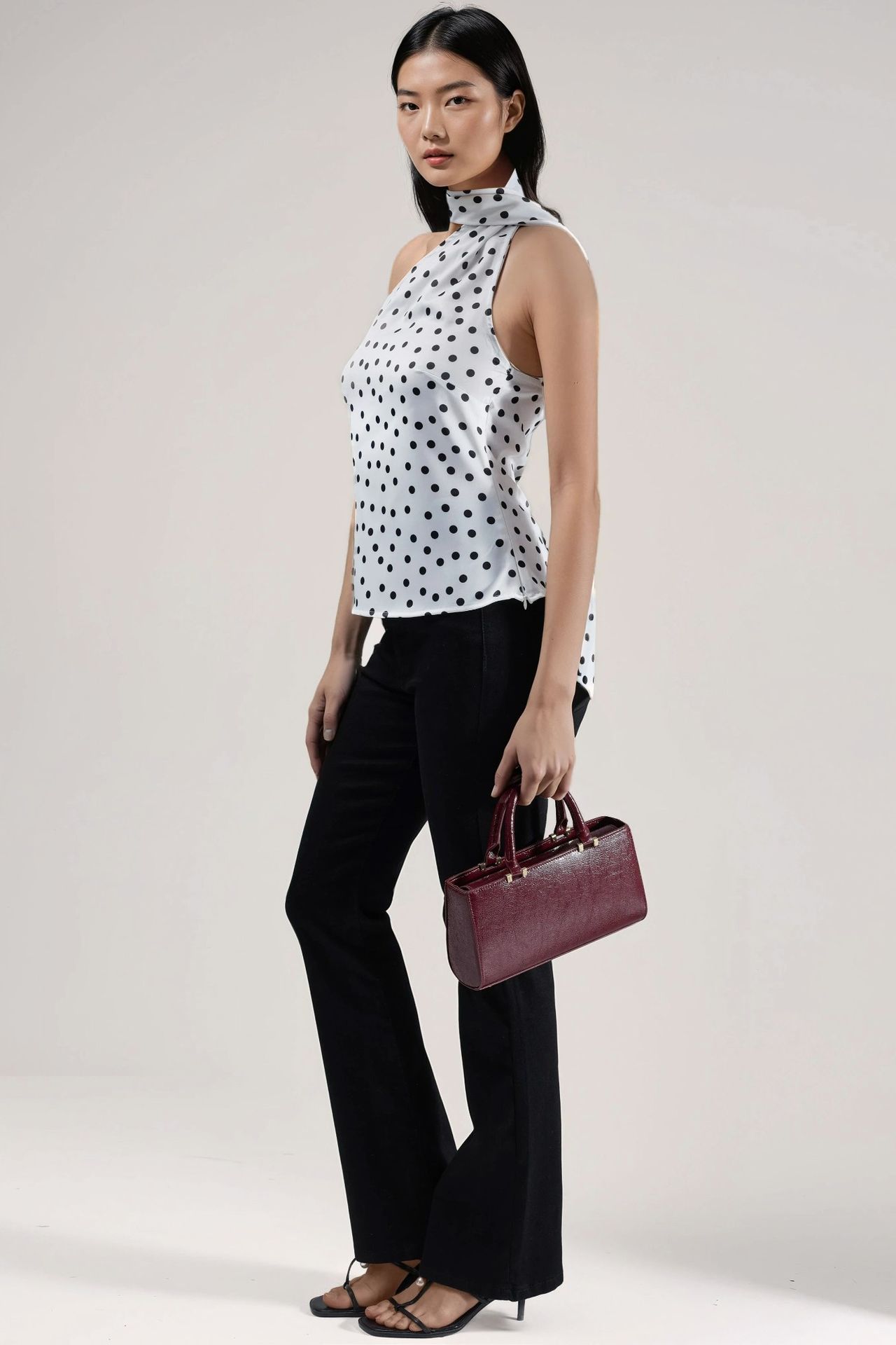 Asymmetrical Collar Polka Dot Satin Blouse 7