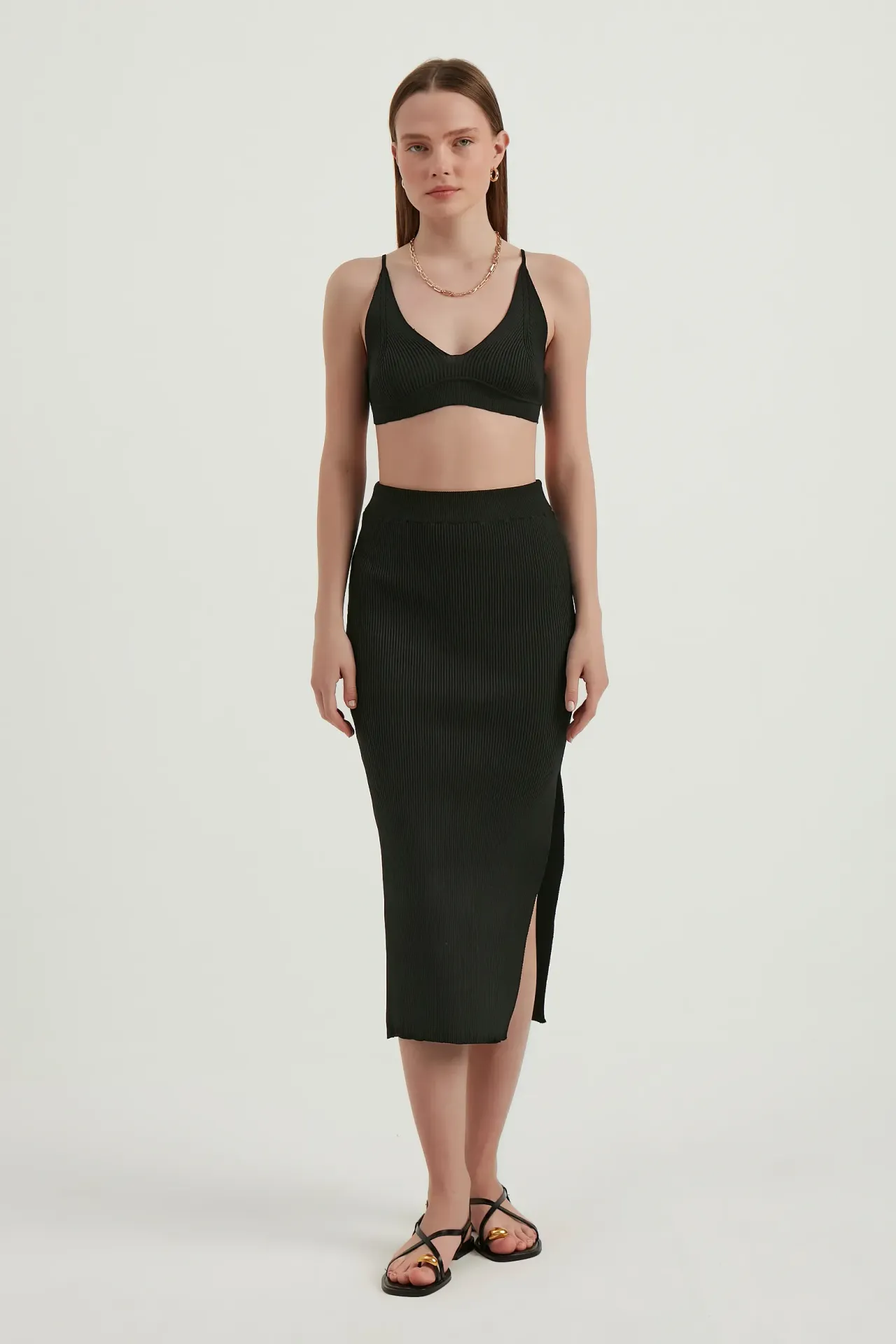 2 Pieces: V Neck Bodycon Crop Top & High Waist Maxi with a Side Slit