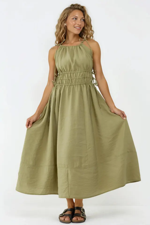 BUSEM Ruched Strap Midi Dress