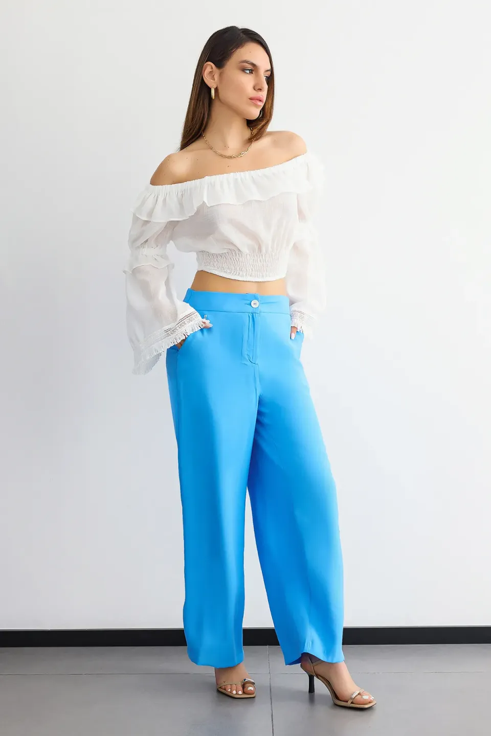 Off-Shoulder Chiffon Ruffled Cropped Blouse