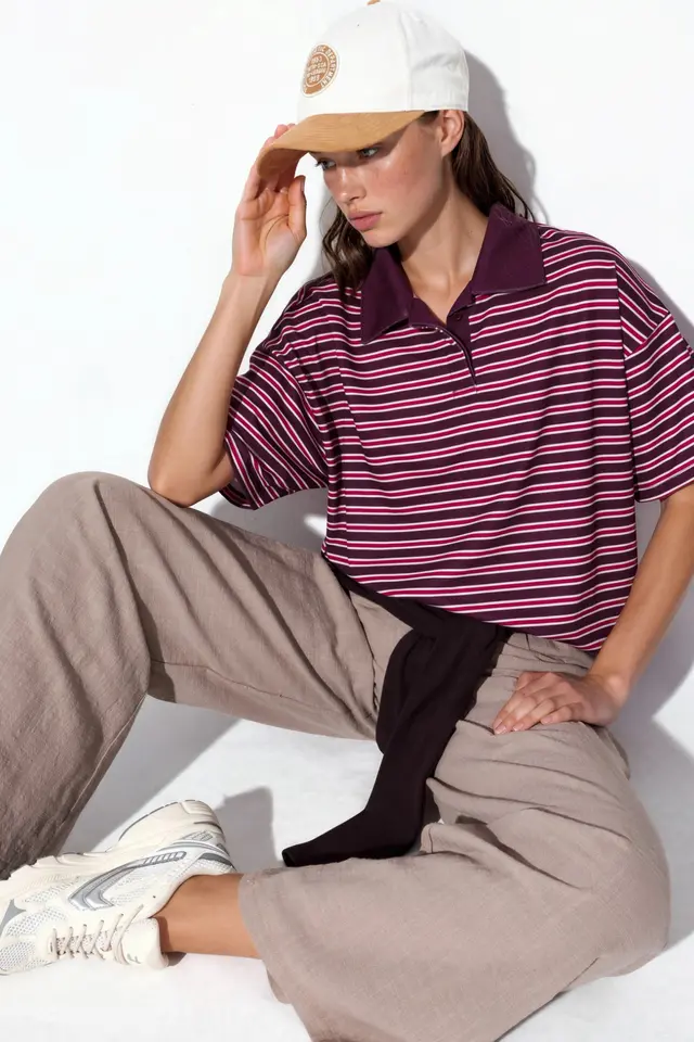 Striped Oversized Fit Polo T-Shirt